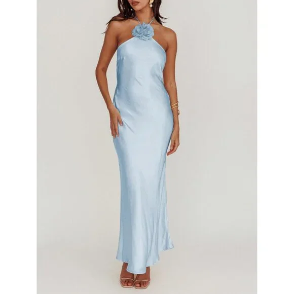 Women's Blue Summer Silk Sleeveless Cocktail Formal Backless Long Maxi - Picture 2 of 6